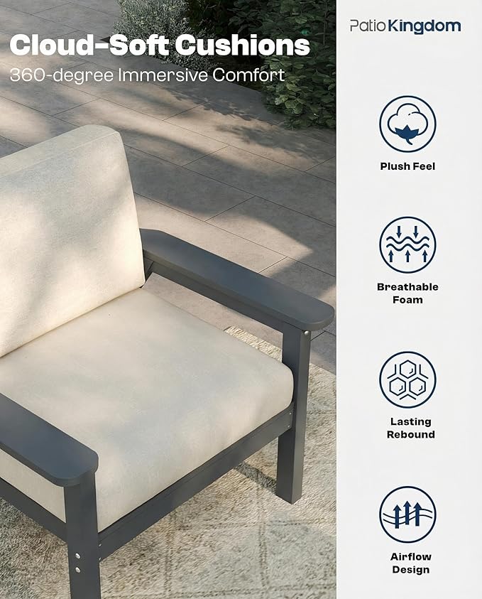 Patio Furniture Set with Washable Thick Beige Cushions, HDPE Outdoor Couch, All-Weather Outdoor Sectional Furniture, Patio Conversation Sets for Lawn, Garden, Porch (Grey Frame)