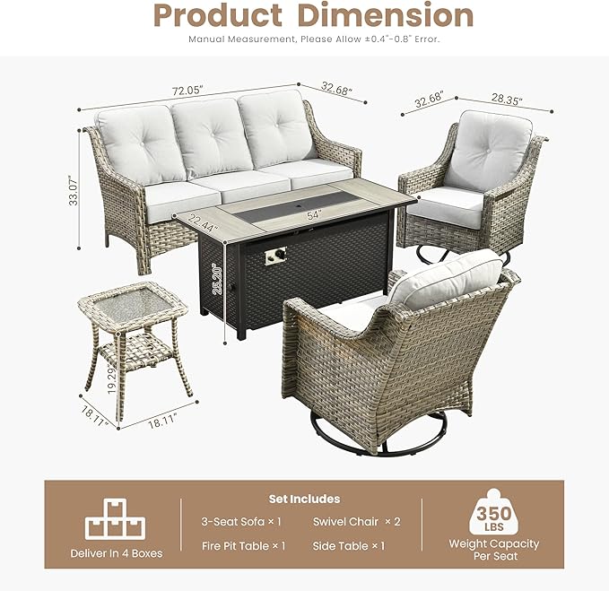 HOOOWOOO Patio Furniture Set,5 Pieces Wicker Outdoor Furniture,High Back Conversation Set with All Weather Resistant Fire Pit Table Couch Swivel Chairs,Light Gray