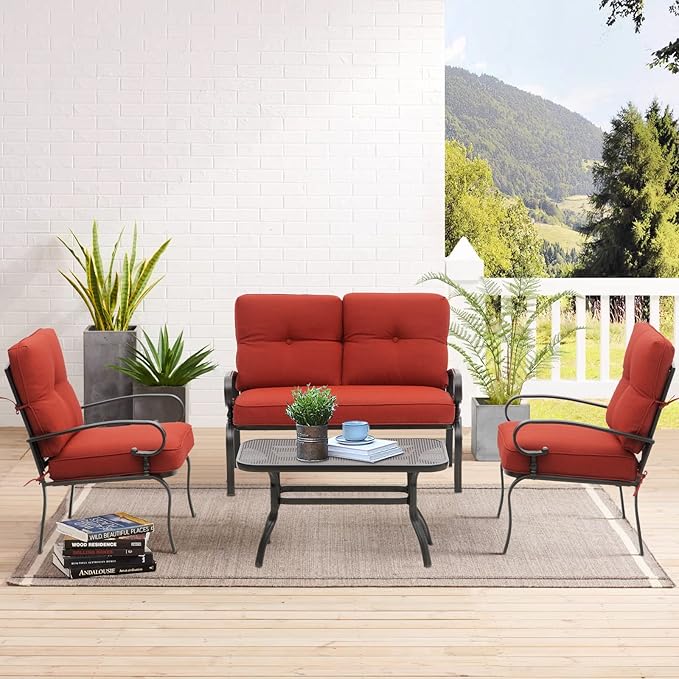 SUNCROWN 4 Pieces Outdoor Metal Furniture Patio Conversation Set Loveseat, 2 Dining Chairs and Coffee Table for Lawn Front Porch Garden, Red Cushions