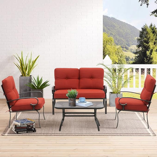 SUNCROWN 4 Pieces Outdoor Metal Furniture Patio Conversation Set Loveseat, 2 Dining Chairs and Coffee Table for Lawn Front Porch Garden, Red Cushions