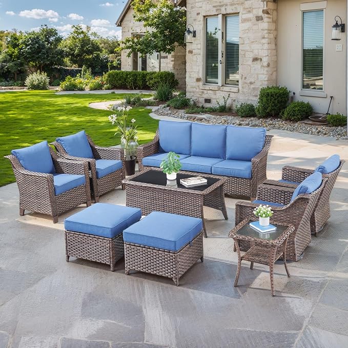 Outdoor Patio Furniture Set-Rattan Wicker Coversation Set with High Back Couch Swivel Glider Chair with Ottomans Outdoor Furniture for Porch Garden Backyard Poolside-Brown/Blue
