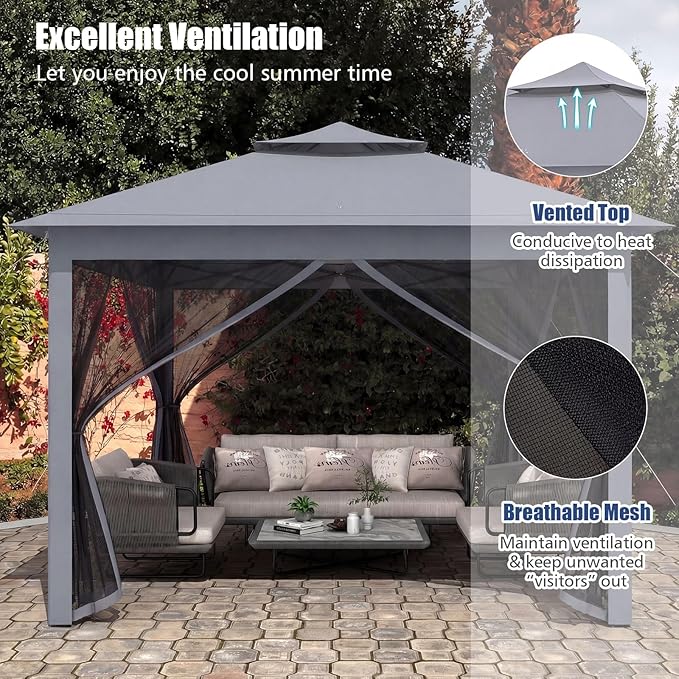 Tangkula 11x11 Ft Pop up Gazebo, 2-Tier Outdoor Patio Gazebo with Netting, Carry Bag, 121 Square Feet of Shade for Backyard, Deck, Poolside