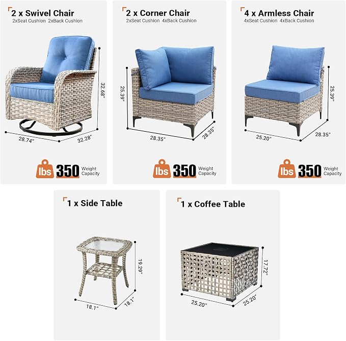 10 Pieces Wicker Patio Furniture Set,Outdoor Sectional Sofa with Swivel Chairs Coffee Table,Outside Deep Seat Rattan Couch Conversation Set,Denim Blue