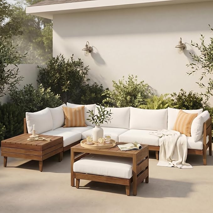 8-Piece Acacia Wood Outdoor Sectional Sofa Set, All-Weather Patio Conversation Set, Modular Sectional Furniture Set with Storage Tea Table, Coffee Table and Cushions for Backyard Poolside