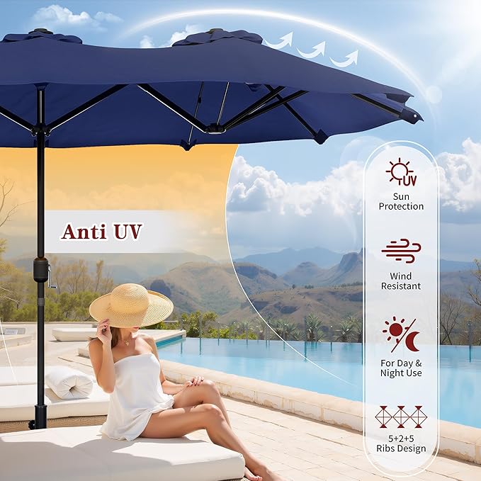 Vongrasig 13FT Large Patio Umbrellas with Base Included, Outdoor Double sided Pool Umbrellas with Crank Handle, Large Rectangle Table Umbrella for Poolside Backyard Market, Navy Blue