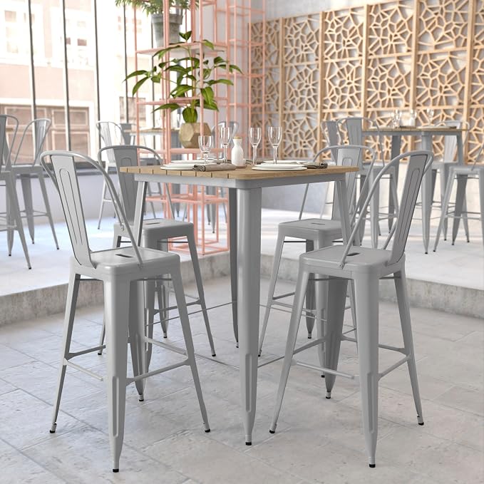 BizChair Commercial Outdoor Dining Table Bar Height, All Weather Poly Resin Top with Steel Base, 31.5" Square, Brown/Silver