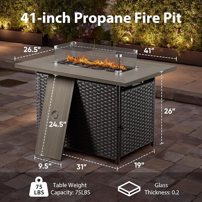 4 Piece Outdoor Patio Furniture Set with Fire Pit Table, Wicker Patio Conversation Set with 2 Swivel Rocker Chairs Rattan Sofa and Removable 5" Thick Cushions for Deck Backyard Blue