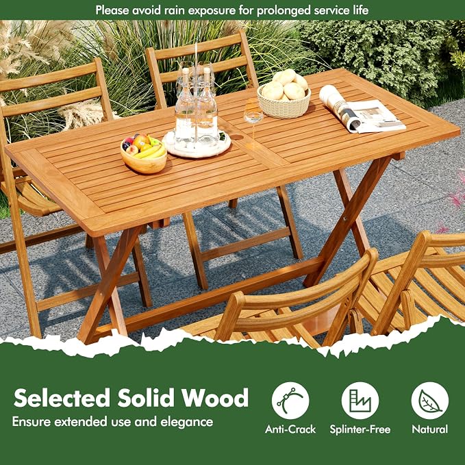 Tangkula 54.5-Inch Patio Dining Table for 6, Solid Wood Outdoor Table with Teak Painting & 2" Umbrella Hole, 6-Person Rectangular Outside Dining Table for Balcony, Deck, Porch, Backyard