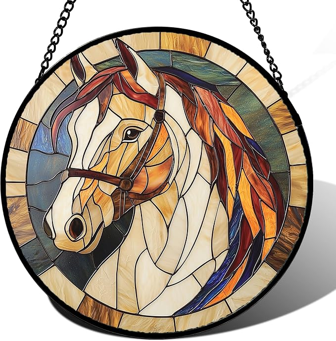 DASTOLL Stained Glass Window Hanging, Animal Horse Colored Mane Sun Catchers Glass Panel Cool Suncatcher Decor for Birthday for Women, Men, Wife, Aunt, and Mom 14.9x14.9 in