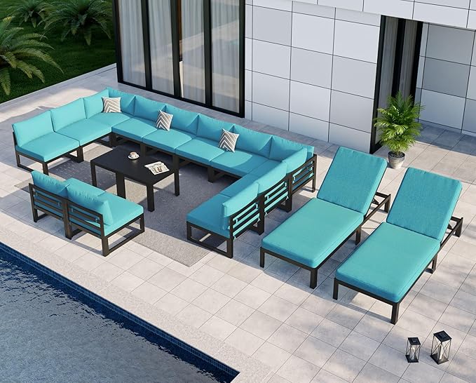 NICESOUL 14 Person Modern Aluminum Outdoor Patio Furniture Set with Chaise & Side Table, 29" Wide Deep Seating, Water Resistant Modular Sectional Couch, Oversized Conversation Set for Poolside, Teal