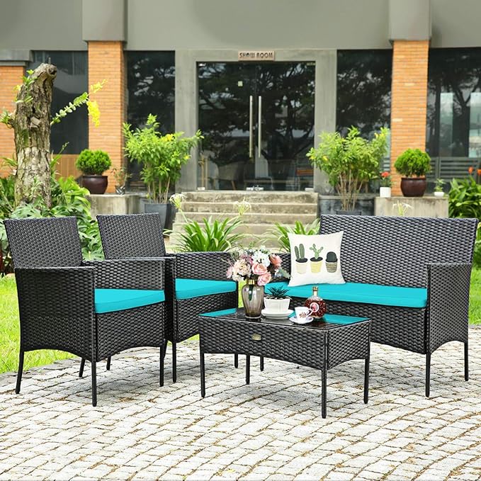 DORTALA 8 Pieces Patio Furniture Set, Rattan Conversation Set with Coffee Table & Cushions, Outdoor Wicker Sofa Set for Poolside, Backyard, Turquoise
