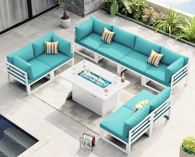 NICESOUL 8 Seat Oversized Modern Aluminum Patio Furniture Set, All Weather Rust Proof Modular Sectional Sofa with Fire Pit Table, 500 lbs Heavy Duty Comfortable Outdoor Couch for Garden Backyard, Teal