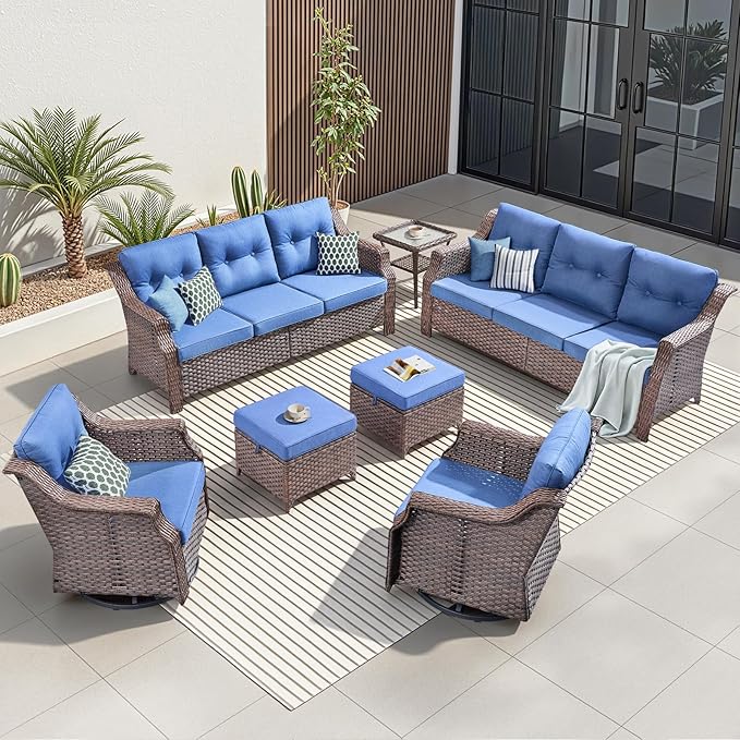 Outdoor Swivel Rocking Chair Set (7-Piece), Rocking Chair with Sofa and Coffee Table Set, Crafted from PE Rattan with an Elegant Side Table, Ideal for Gardens and Patios, Brown/Blue