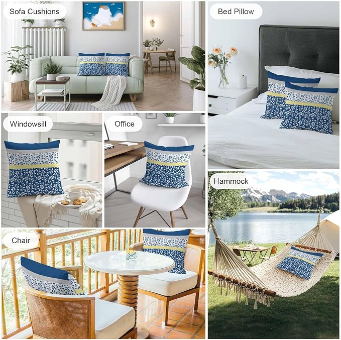 Blue Yellow Outdoor Pillow Covers 26x26 Inch Throw Pillow Covers Set of 2 Waterproof Decorative Pillow Cases Botanical Floral Motifs Wildflower Striped Cushion Covers for Patio Furniture Garden Couch