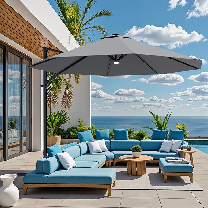 Greesum 10FT Outdoor Patio Umbrella with High Pedel and 4 Gear Heights, Large Offset Umbrella with Solar LED Lights and 360-degree Rotation, Without Base, Hanging Outdoor Shade for Garden, Gray