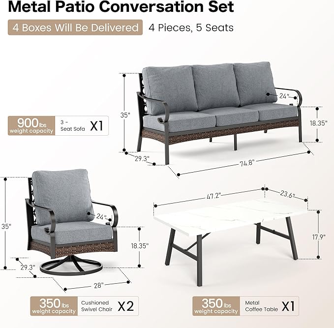 4 PCS Metal Outdoor Patio Furniture Set, Patio Conversation Sets 1 3-Seater Sofa, 2 Swivel Chairs with 5.75" Extra Thick Cushion & Coffee Table, Black Frame Backyard Furniture, Gray