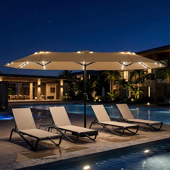 15ft Large Patio Umbrella with Solar Lights and Base, Double-Sided Outdoor Rectangle Umbrella with 48 LED Lights, Market Table Umbrellas with UV Resistant Canopy