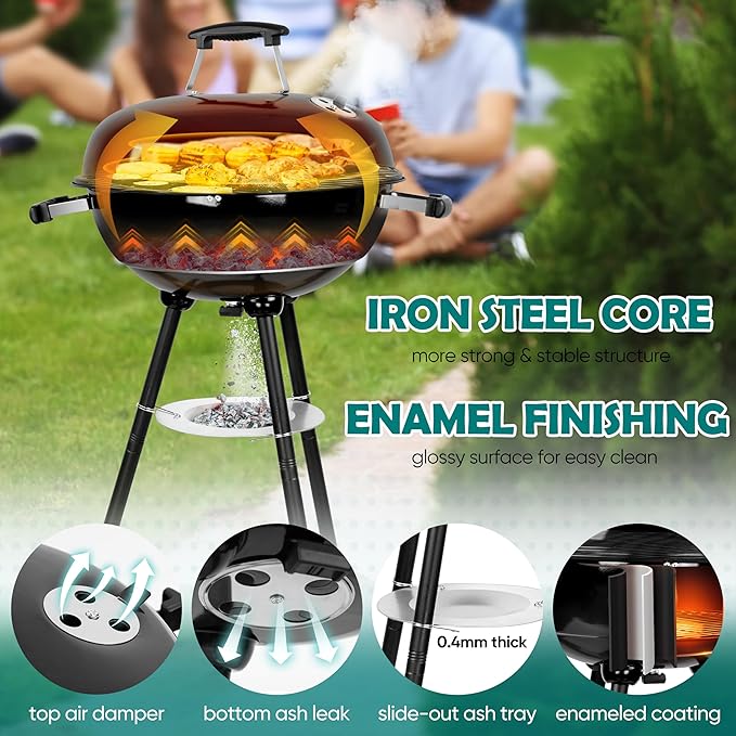 HaSteeL 18 Inch Charcoal Grill, Black Kettle Outdoor Barbecue Grill, 2-In-1 Portable BBQ Grill with Wheels for Camping Backyard Patio Picnic, Porcelain-Enameled Lid & Fire Bowl, 254.SQ.IN Cooking Area