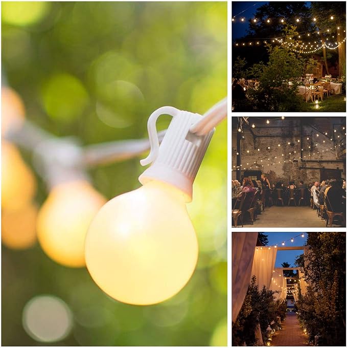 G40 White Pearl Outdoor Patio Globe String Lights (50 Foot - Green Wire) | G40 Frosted White Pearl 1.6" Bulbs