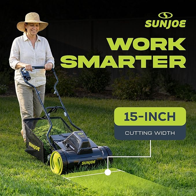 Sun Joe Cordless Electric Push Lawn Mower with 11.9-Gal Bag, 15-Inch Cutting Width, 360W Motor - Heavy-Duty Yard Trimmer for Gardening Care and Maintenance, IONMAX 24V-CRLM15