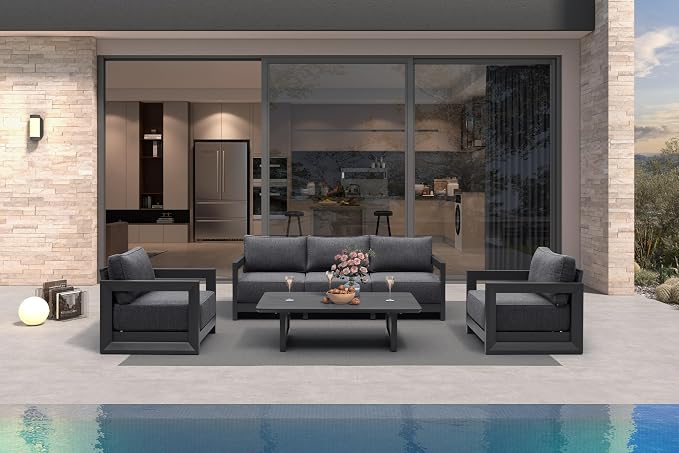 PURPLE LEAF Patio Furniture Set Open-End Outdoor Couch with 9.6" Thick Cushion and Soft Pillows 6 Piece Outdoor Sectional Sofas with Table Modern Outdoor Conversation Sets for Yard Porch Deck, Grey
