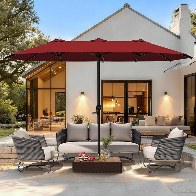 GDPFN 13FT Large Patio Umbrella, Outdoor Deck Standing Umbrella with Crank Handle, Double-Side Rectangular Pool Umbrella for Outside, Market, Patio, Burgundy (Base Not Include)