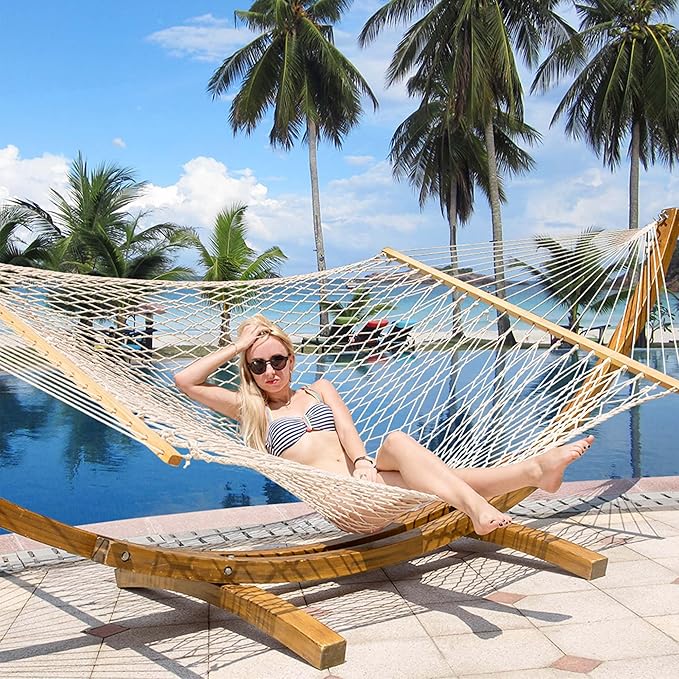 Lazy Daze Hammocks 12 FT Double Rope Hammock and 13 FT Natural Wood Arc Stand, 2 Person Hand Woven Cotton Hammock with Spreader Bar for Outdoor Patio Poolside, 450 lbs Capacity, Natural