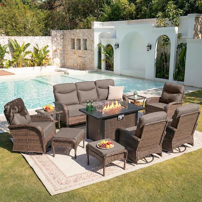 Belord Upgraded 6“ Cushion Luxury 10 Piece Patio Furniture Set with Fire Pit Table - Outdoor Couch & High Back Swivel Rocker Patio Chairs Set, Wicker Outdoor Furniture for Deck Porch Yard - Brown/Grey
