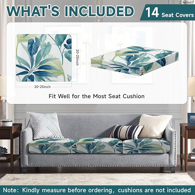 CALBODE 14 Pcs Stretch Outdoor Seat Cushion Covers, Botanical Chair Seat Cover for Patio Furniture Cushions Washable Reusable Indoor and Outdoor Couch Cover Replacement (Blue Leaves, Cover Only)