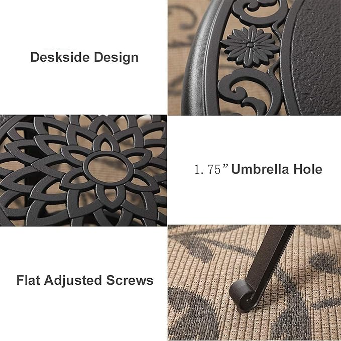 MFSTUDIO 3 Piece Outdoor Patio Bistro Set, Cast Aluminum Patio Dining Set for 2, Outdoor Bistro Table and Chairs, Small Round Patio Table with 1.97'' Umbrella Hole, Beige Cushions