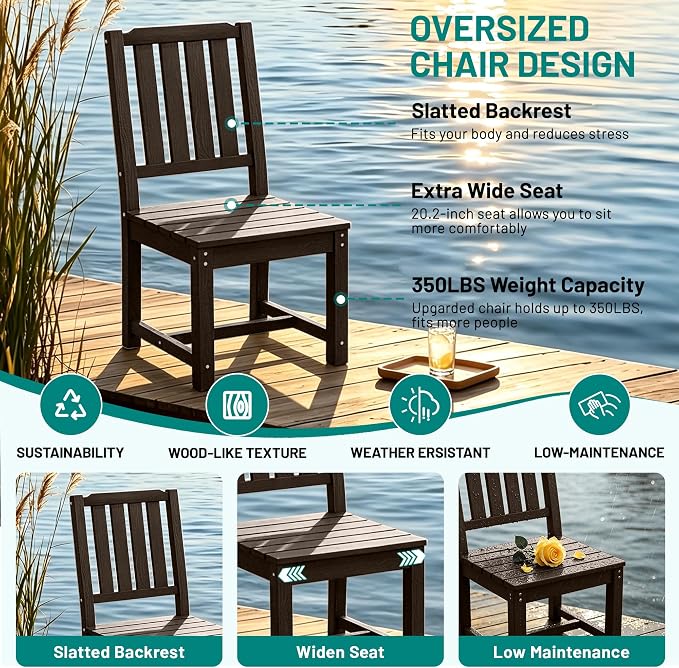 PLUUV 5-Piece Outdoor Dining Set – HDPE Patio Furniture with Aluminum Table, Umbrella Hole, and 4 Armless Chairs, All-Weather Resistant for Garden & Backyard, Coffee