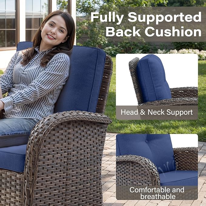 Belord Patio Wicker Chairs Swivel Rocker - Outdoor Swivel Rocking Chairs Set of 2 with Rattan Side Table, Patio Swivel Glider Chair 3 Piece Patio Furniture Sets for Deck Porch Pool Brown/Blue