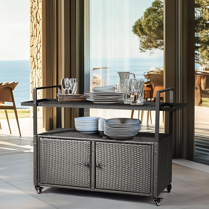 VINGLI Wicker Outdoor Bar Cart with Storage and Wheels, Outdoor Bar Table Serving Cart Rattan Bar Cart with Glass Top and Shelf for Pool, Party, Backyard, Porch (Black)