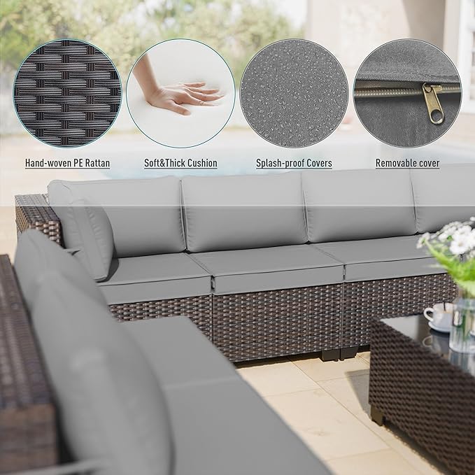 ALAULM 5 Pieces Patio Furniture Set Wicker Patio Conversation Set, Outdoor Sectional Furniture w/Coffee Table & Washable Seat Cushions-Grey