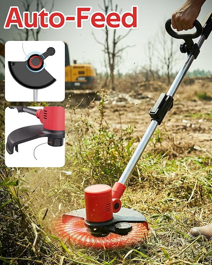 Cordless Weed Wacker 21V, Electric Weed Eater Battery Powered with Wheels & Brush Cutter, Auto Feed String Trimmer & Lawn Edger, Includes 2x2.0Ah Batteries & Charger, Lightweight for Garden Yard