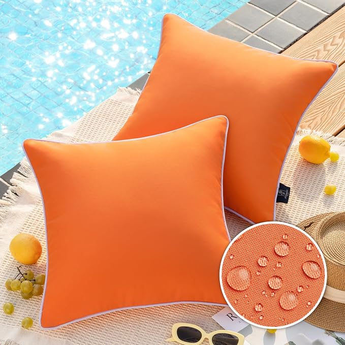 Phantoscope Pack of 2 Outdoor Waterproof Solid Throw Decorative Pillow Cover Decorative Square Outdoor Pillows Cushion Case Patio Pillows for Couch Tent, Orange 18x18 inches 45x45 cm