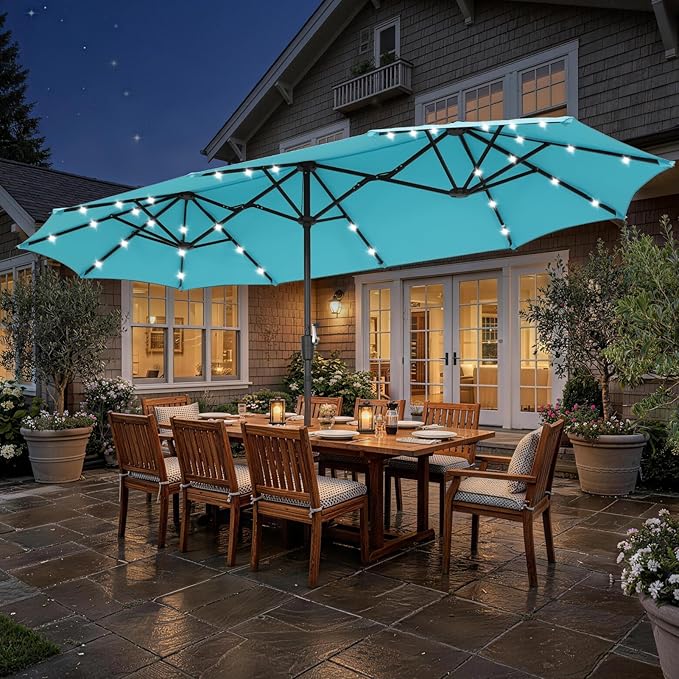13 ft Patio Umbrella with 36 LED Lights, Large Rectangle Outdoor Solar Umbrella with Strap, Crank, Blue
