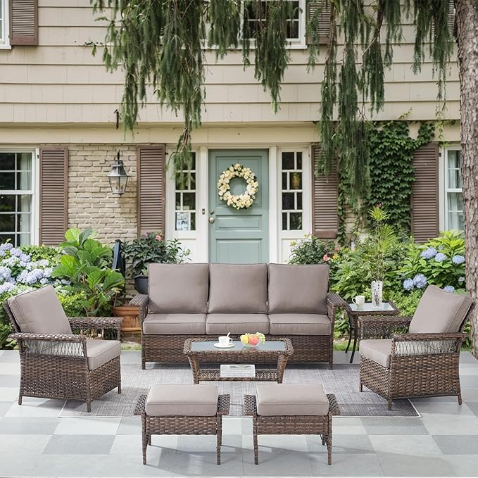 Wicker Patio Furniture Set - 7pcs Rattan Sofa, Chairs, Ottomans, Coffee & Side Tables with Grey Cushions