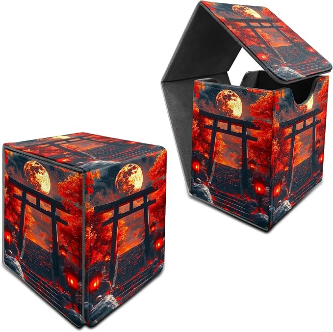 Deck Box for MTG, Cards Storage Box Fits 120+ Sleeved, Leather Medium Size Strong Magnetic Closing Card Case for Board Games Magic TCG CCG Baseball Collection, Red Maple Leaf Moon