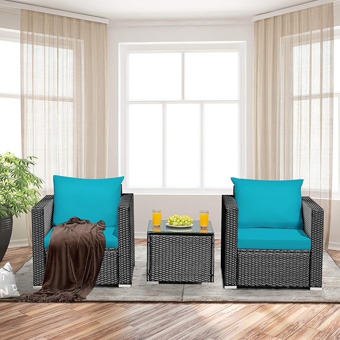 Tangkula 3 Pieces Patio Furniture Set, PE Rattan Wicker Sofa Set w/Washable Cushion Cover and Tempered Glass Tabletop, Outdoor Conversation Furniture for Garden