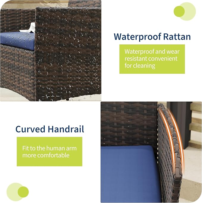 3-Piece Outdoor Furniture Set, PE Rattan Wicker Chairs with Soft Cushions & Tempered Glass Coffee Table - All-Weather Patio Set for Garden, Backyard, Porch, Poolside (Brown/Navy Blue)
