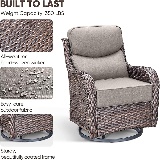 Swivel Patio Chairs Set of 3 with 6" Thick Cushion - Wicker Outdoor Swivel Rocker Patio Chairs with Side Table, High Back Comfortable Outdoor Glider Chair - Brown Wicker | Grey Cushions