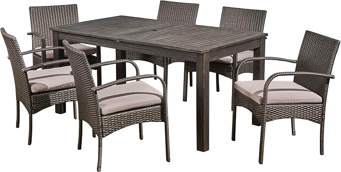 Christopher Knight Home Elmar Outdoor 7 Piece Wood and Wicker Expandable Dining Set, Dark Gray and Dark Gray and Gray