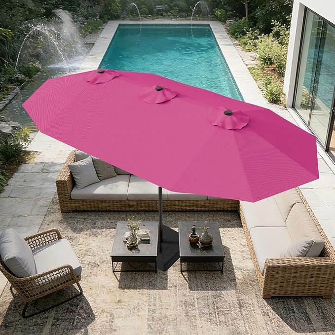 AreShark 15ft Patio Umbrella with Base, Double Sided Outdoor Umbrella with 12 Fiberglass Ribs, Large Outdoor Umbrella for Garden, Pool, Deck, Backyard & Market, Rose Pink
