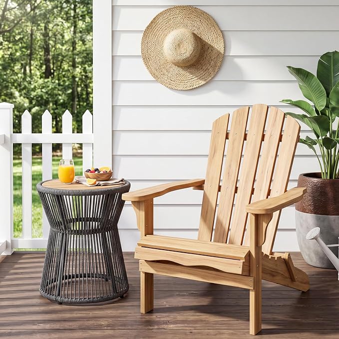 TrailBlaze Modern Woven Rope Outdoor Side Table – Round Patio End Table with Gray Rope and Natural Wood Top – Compact Accent for Balcony, Backyard, Poolside – Gray + Natural Wood, Diameter 16in Height