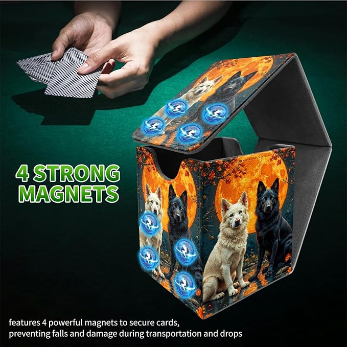 Black White Wolf Card Deck Box for MTG, Personalized Card Storage Case Fits 120+ Sleeved Cards, Premium Leather TCG Box with Strong Magnetic Closure for Magic, CCG, PTCG, Baseball Cards