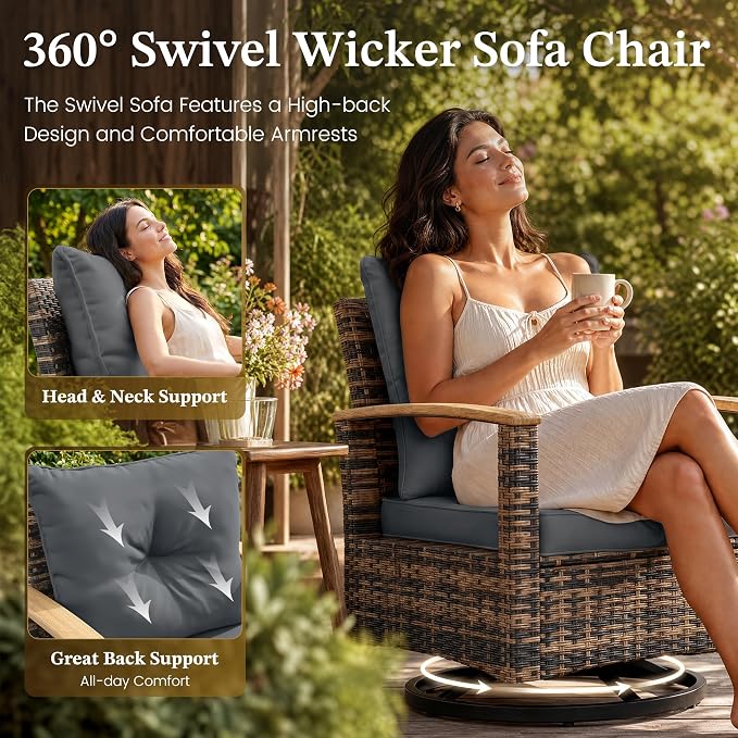 UDPATIO Patio Furniture Set with Swivel Chairs, 6 Pieces Outdoor Wicker Conversation Set with Storage Table for Lawn, Porch, Garden, Backyard, Grey