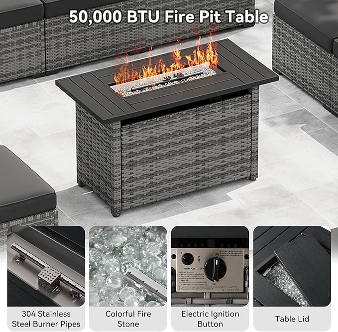 LazySunsets 12-Piece Patio Furniture Set with 44" Fire Pit Table, Wicker Outdoor Furniture, Patio Conversation Sets with Coffee Table, Outdoor Sectional Couch with Waterproof Cover, Black