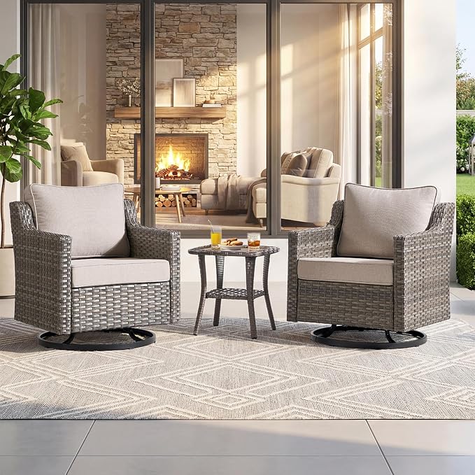 Outdoor Furniture Set of 3, Patio Chairs with Luxury 4" Cushion, Wicker Swivel Rocker Patio Chairs, and Side Table, High Back&Deep Seat for Garden Deck Porch Balcony Backyard - Beige