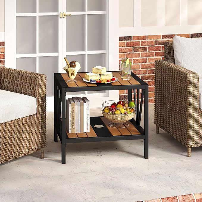 HAPPYGRILL Outdoor Side Table with Umbrella Hole 1.57”, 2-Tier Coffee Bistro End Table Umbrella Stand with Storage Shelf, for Backyard Poolside Garden (2)